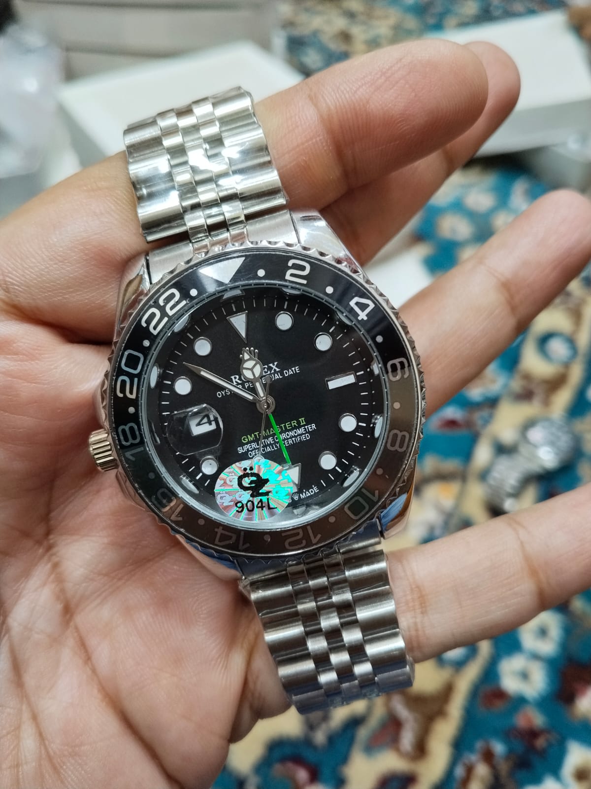 Rolex GMT-Master II Style Luxury Men’s Watch – Black Dial & Silver Stainless Steel Bracelet